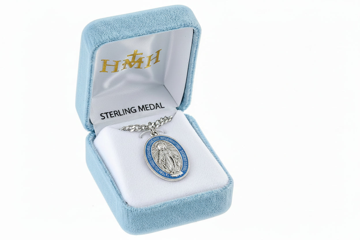 18" Sterling Silver Blue Epoxy Miraculous Medal