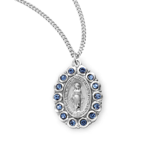 Sterling Silver Miraculous Medal with Sapphire Stones 18" Chain