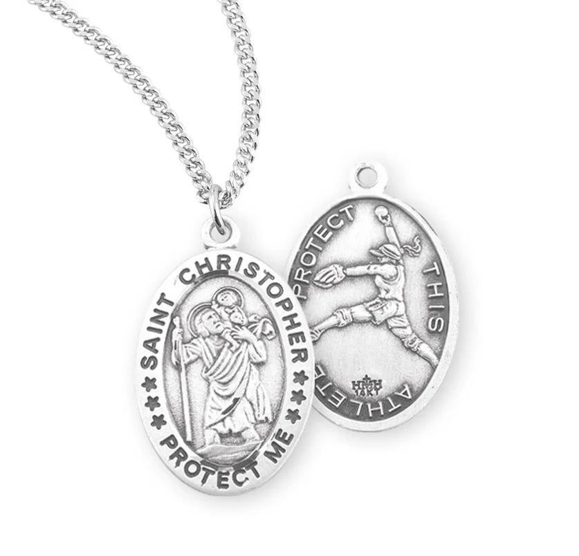 Sterling Silver Saint Christopher Softball Medal 18" Chain