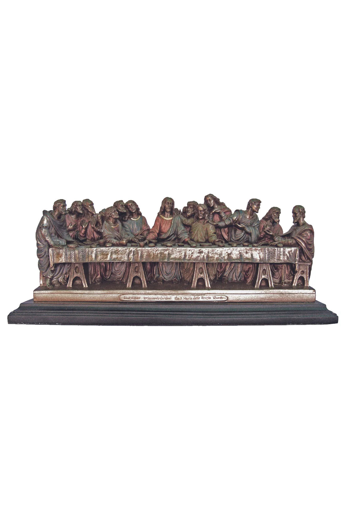 Last Supper statue in lightly hand-painted cold cast bronze on black wood base 14x4x6"