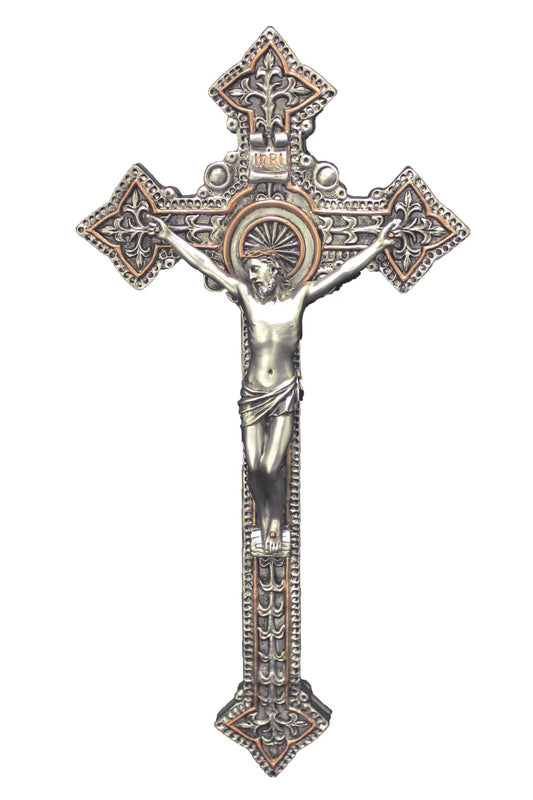 Crucifix in pewter style finish with gold highlights 9"