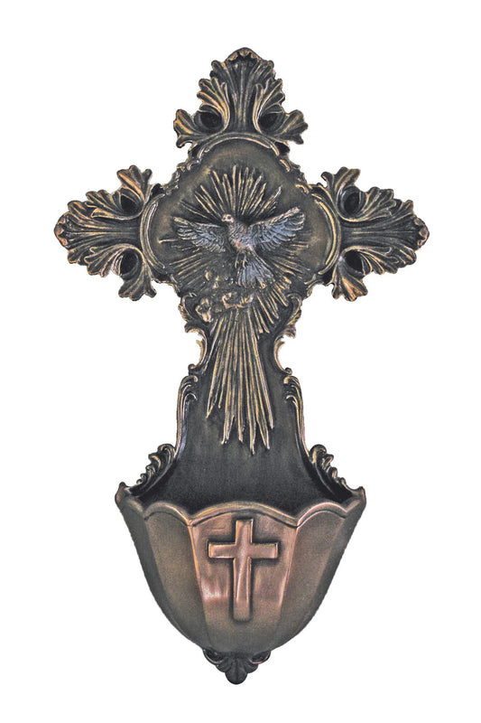 Holy Spirit holy water font in lightly hand-painted cold cast bronze 6"