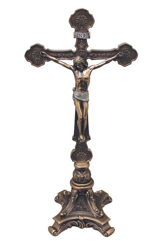 Ornate Standing Crucifix in lightly hand-painted cold cast bronze 13"