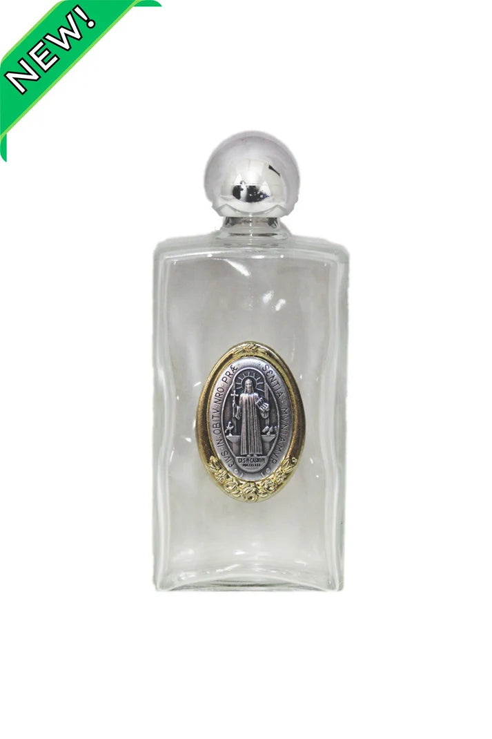 St. Benedict glass holy water bottle with double sided medal