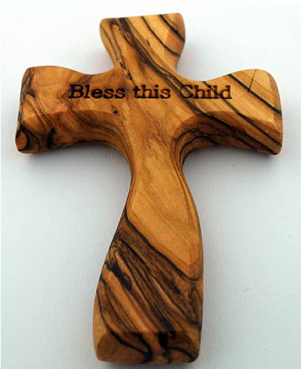 Olive Wood Prayer Cross, "Bless this Child"