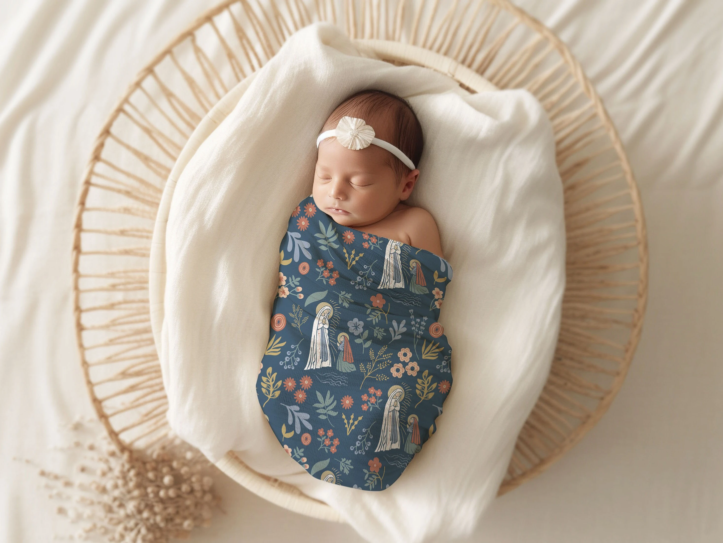 Our Lady of Lourdes and St. Bernadette Muslin Blue Swaddle