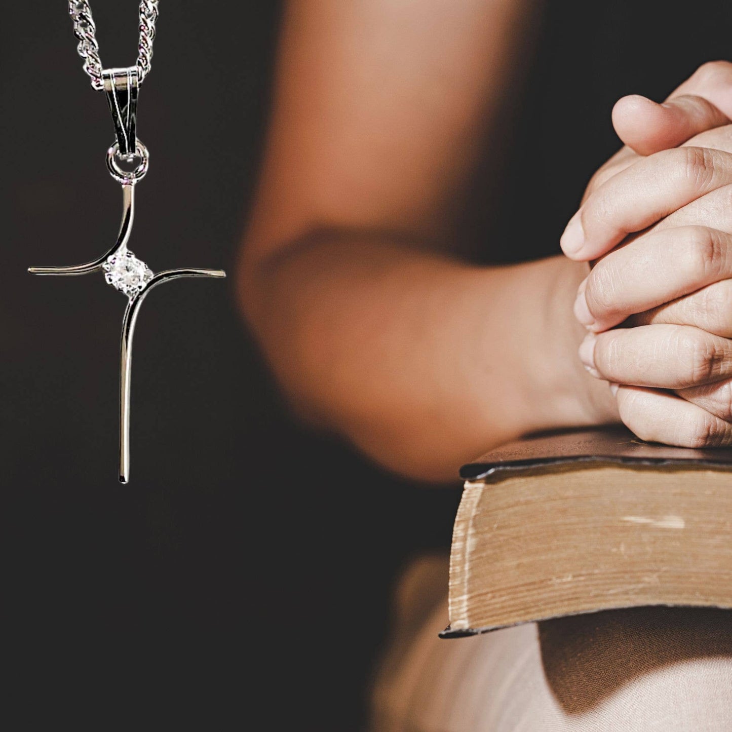 Silver Plated Cross Necklace - Curved Lines Design