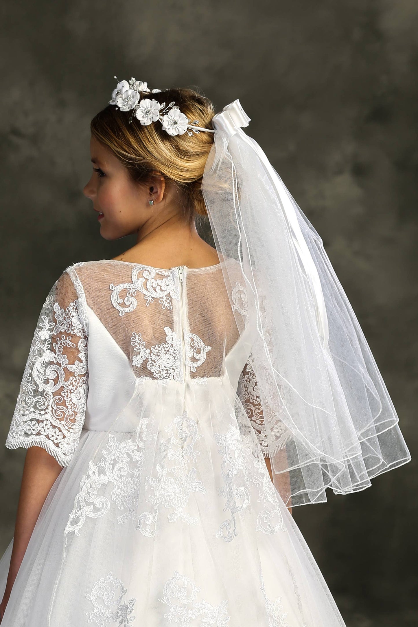 Flower Crown Veil with White Faux Flowers & Rhinestone
