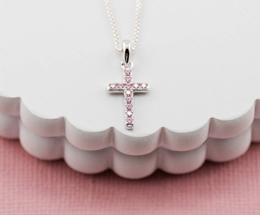 Sterling Silver Pink CZ Youth Cross Necklace