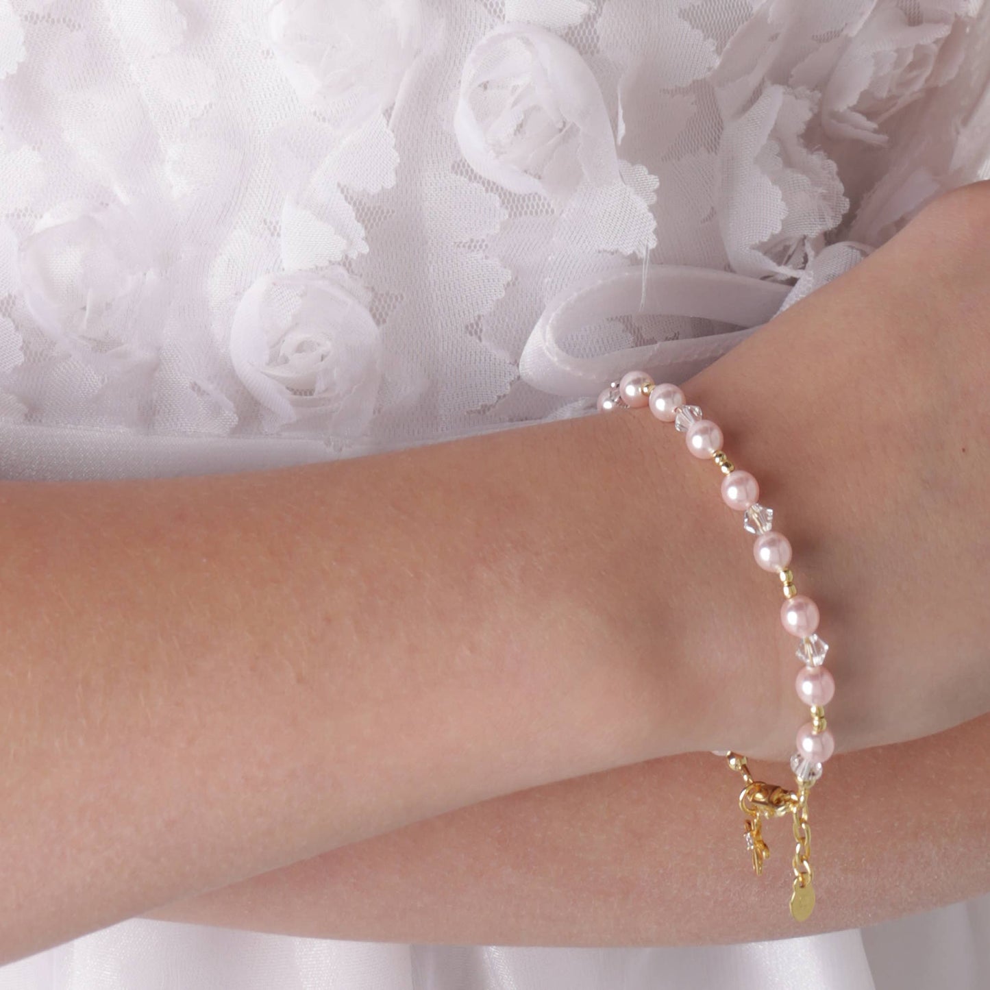 14K Gold-Plated Pink Pearl Cross Bracelet