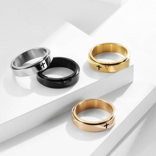 Black Stainless 6mm Cross Spinner Ring