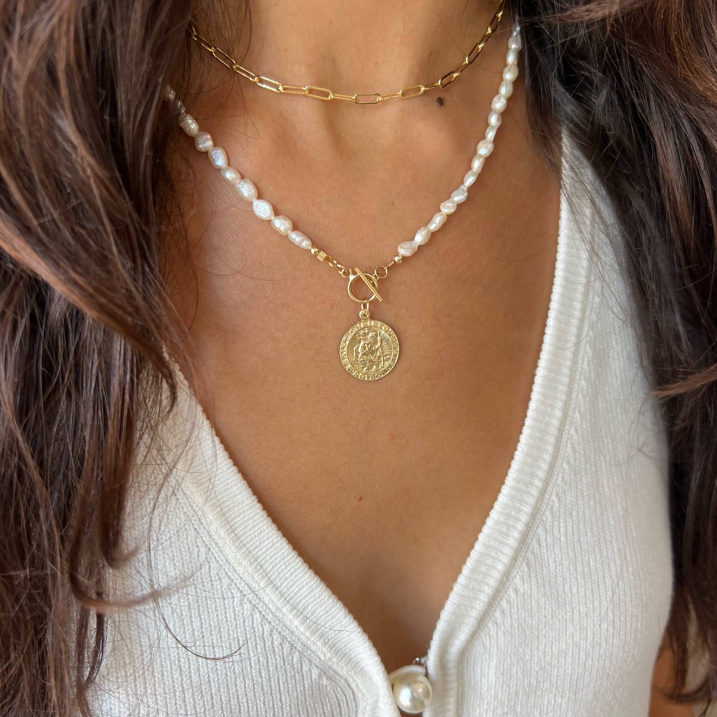 Saint Christopher Toggle Pearl Necklace Gold Filled