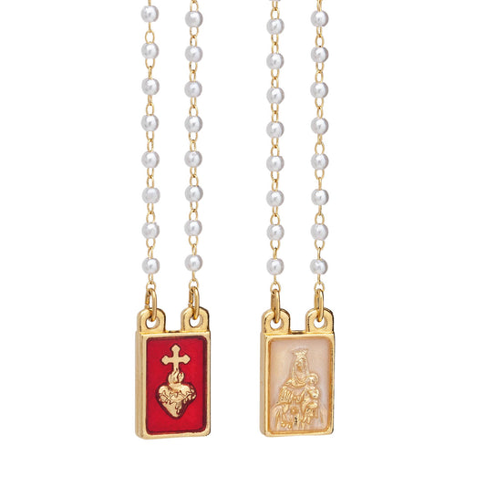 Lady's Scapular Sacred Heart + Lady Mt. Carmel Pearl Beads 