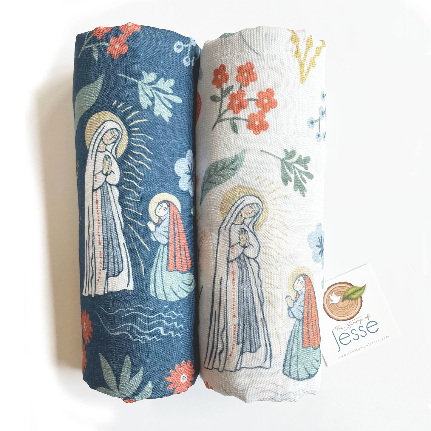 Our Lady of Lourdes and St. Bernadette Muslin Blue Swaddle