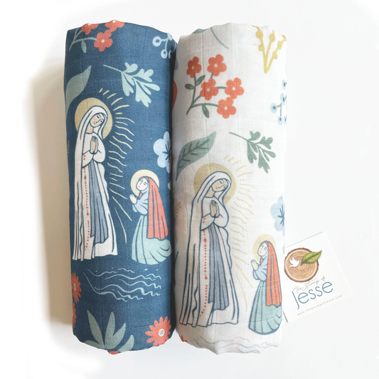 Our Lady of Lourdes and St. Bernadette Muslin Beige Swaddle