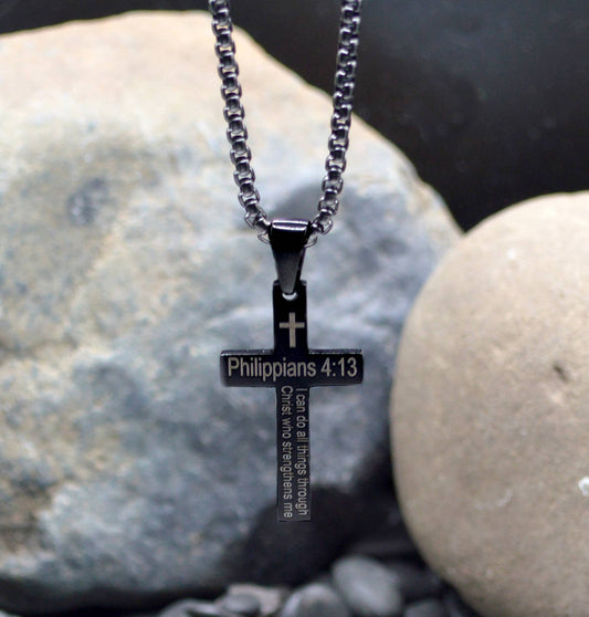 Philippians 4:13 Black Stainless Cross Necklace