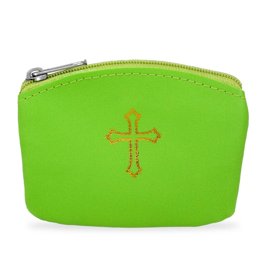Green  Rosary Pouch with Zipper and Gold Cross Imprint