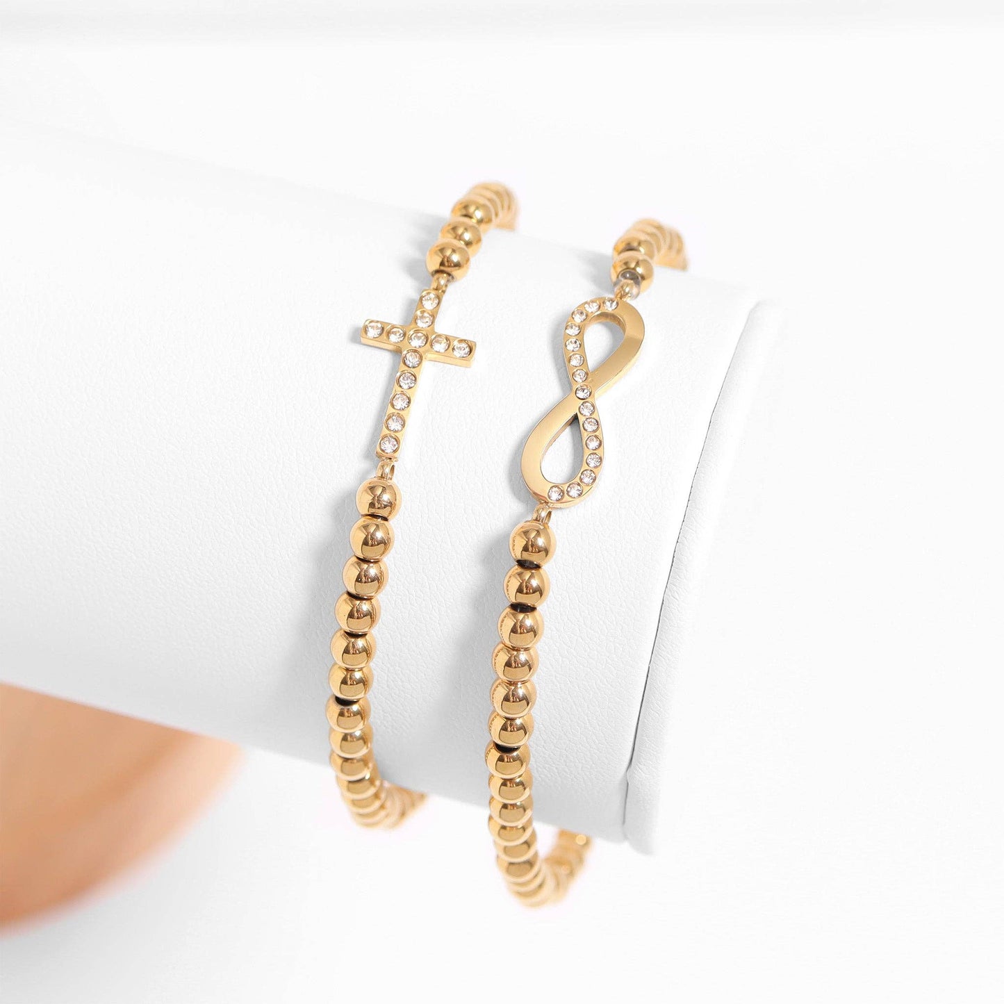 18K Gold PVD CZ Cross Beaded Stretch Bracelet