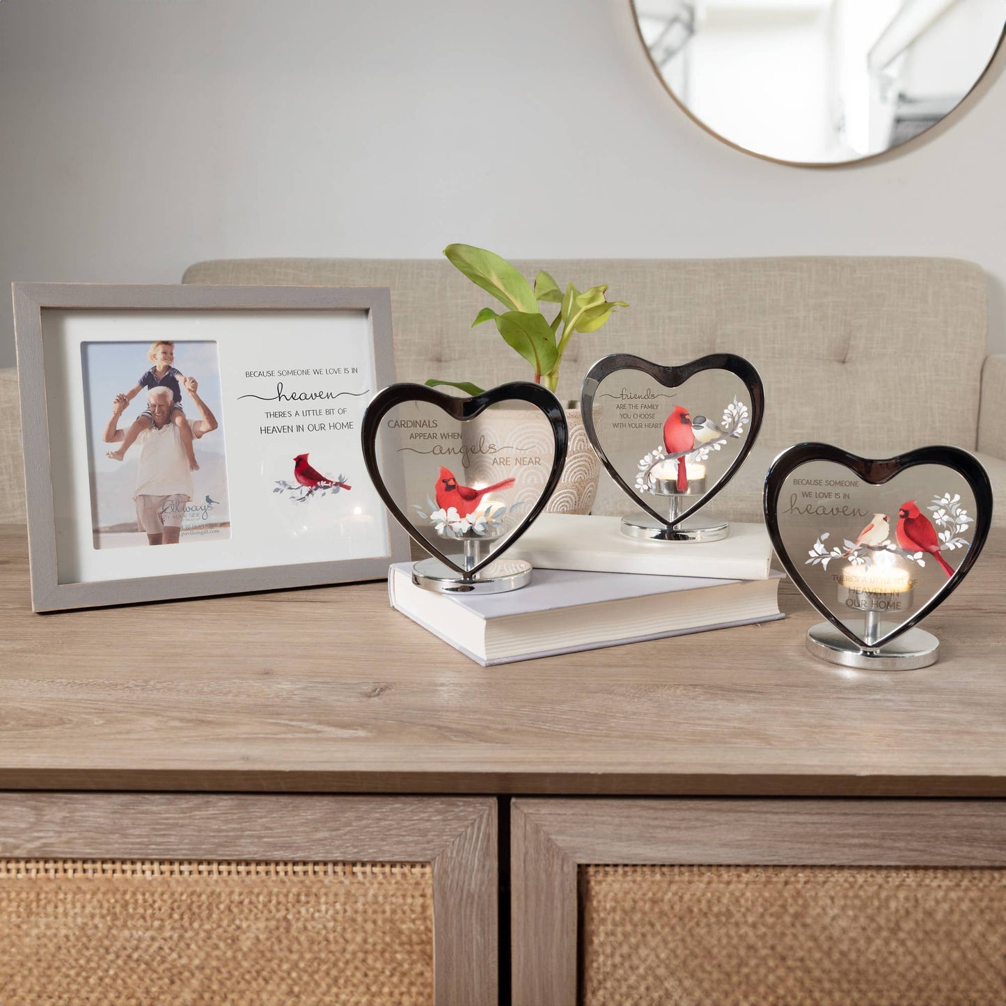 Cardinals Appear - 5" Glass Heart Tea Light Holder