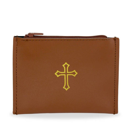 Brown Leather Zipper Rosary Pouch
