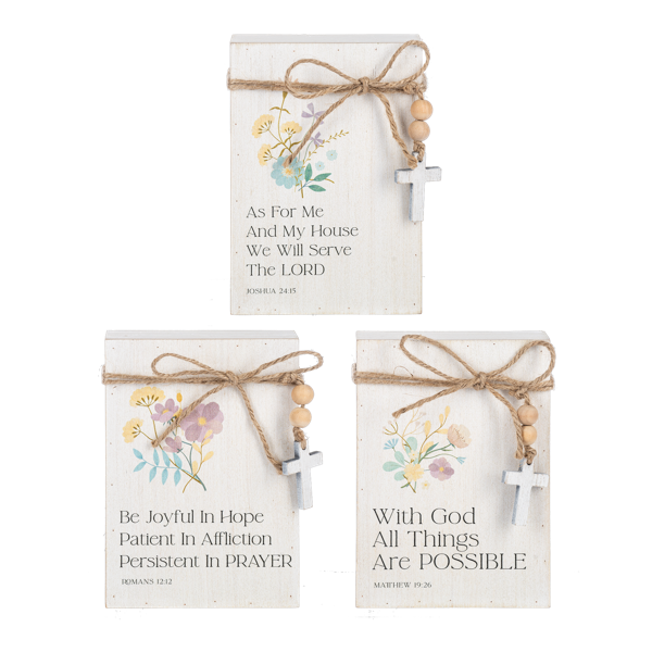 Floral Bible Verse Message Block with Beaded Cross