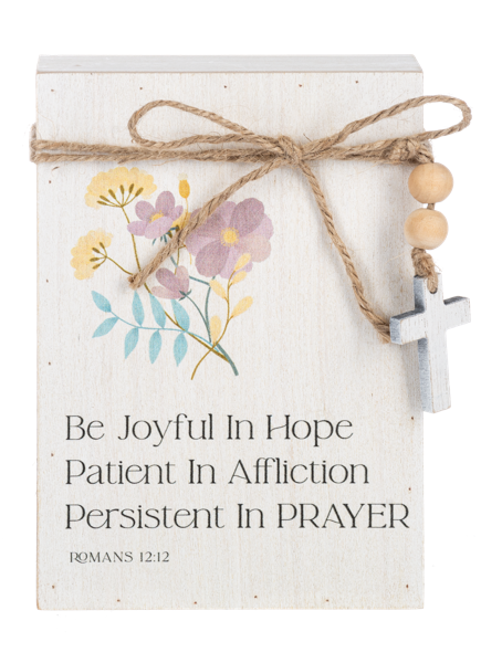 Floral Bible Verse Message Block with Beaded Cross