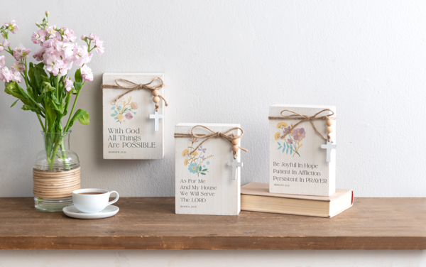 Floral Bible Verse Message Block with Beaded Cross