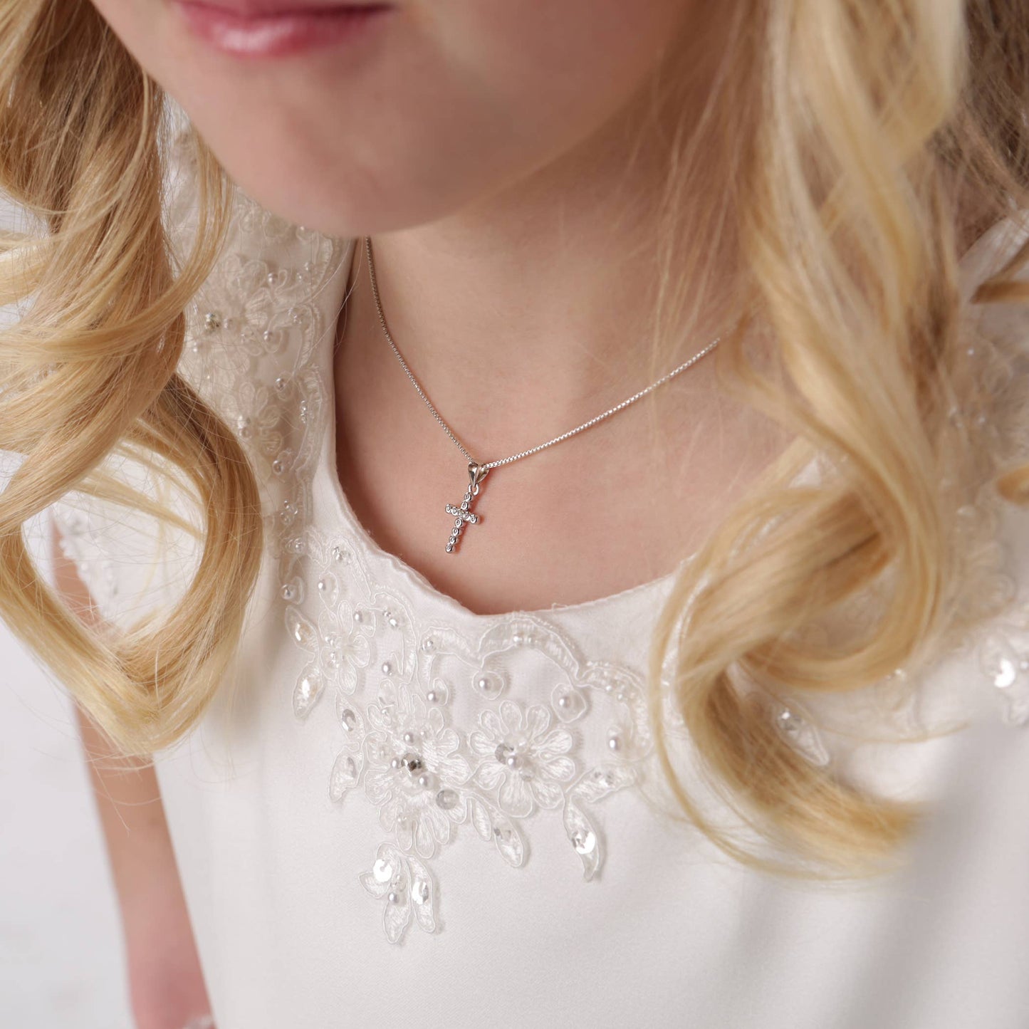 Sterling Silver Cross Necklace with CZ for Children and Kids