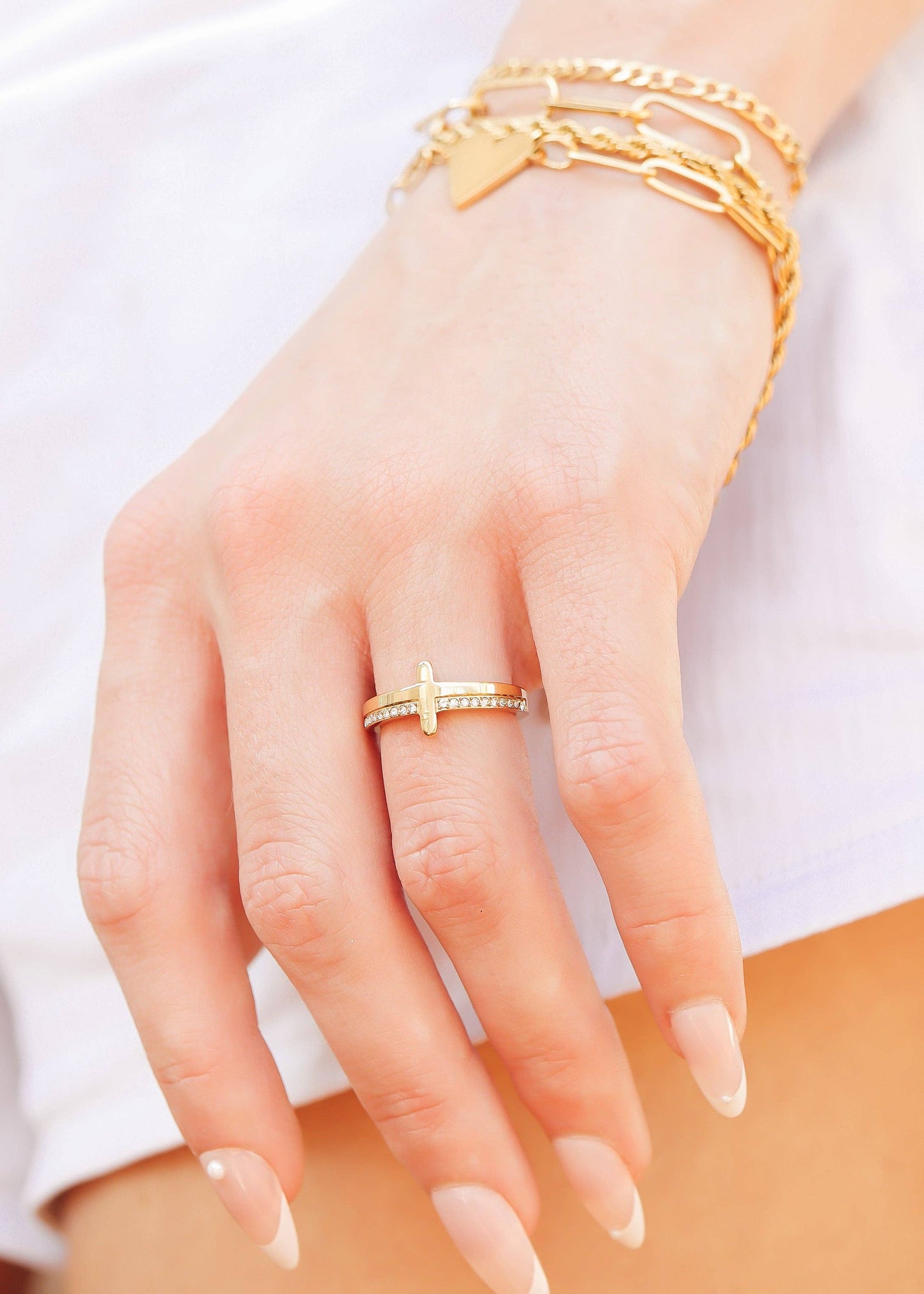 18K Gold PVD Engraved CZ Cross Stacking Ring