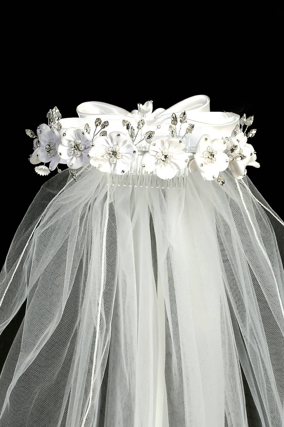 Flower Crown Veil with White Faux Flowers & Rhinestone