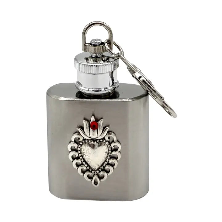 Holy Water Flask - Sacred Heart Ss w/ Keychain   1 oz