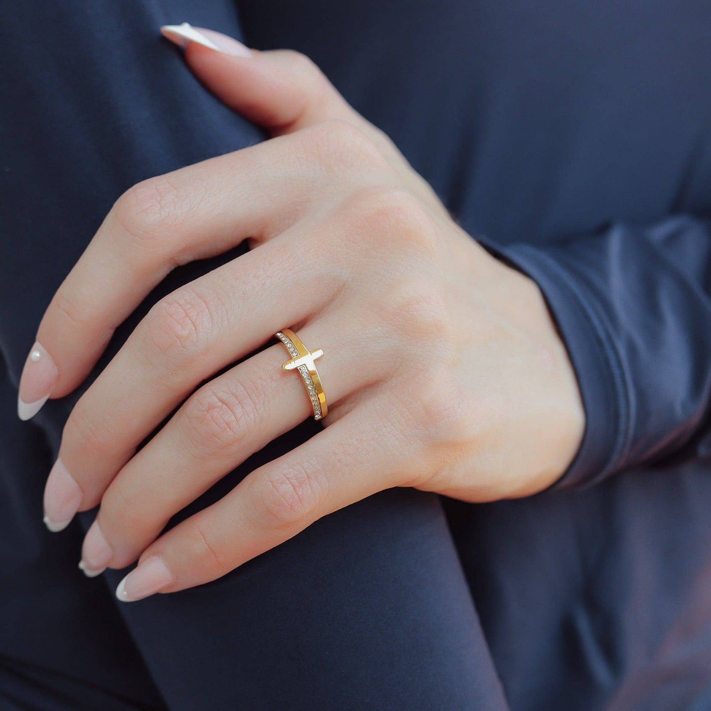 18K Gold PVD Engraved CZ Cross Stacking Ring