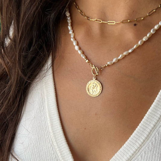 St. Christopher Pearl Toggle Gold Filled Necklace