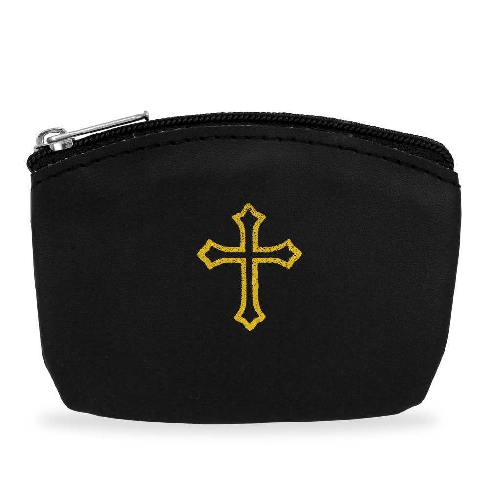 Black Vinyl Rosary Pouch Squeeze Top Gold Cross Imprint