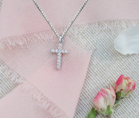 Sterling Silver Cross Necklace with CZ for Children and Kids