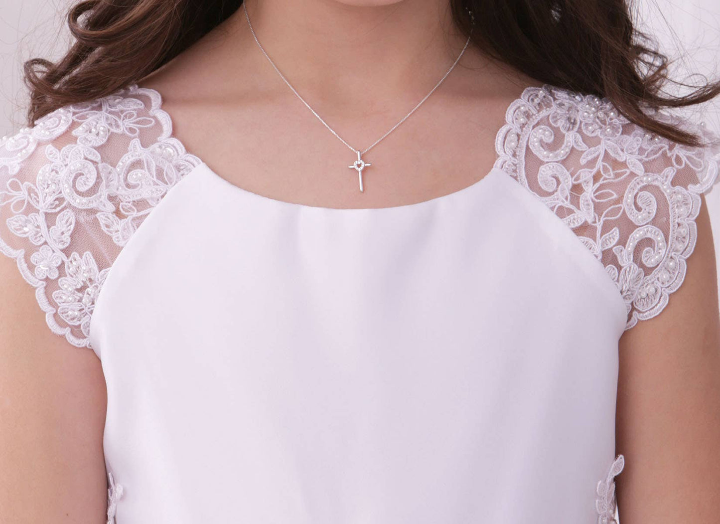 Sterling Silver Girls Cross Necklace CZ Heart for Communion