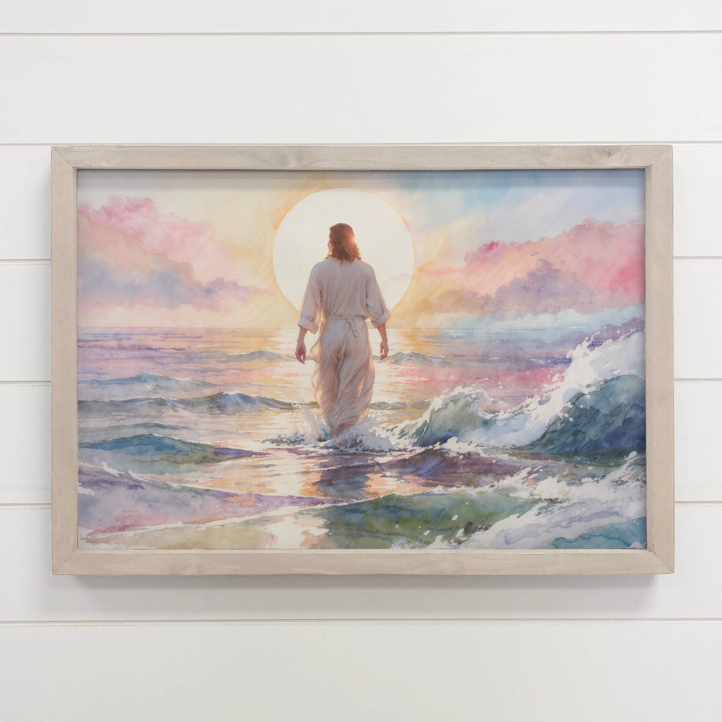 Jesus Christ Soft Sunset Waves - Coastal Home Bedroom Art