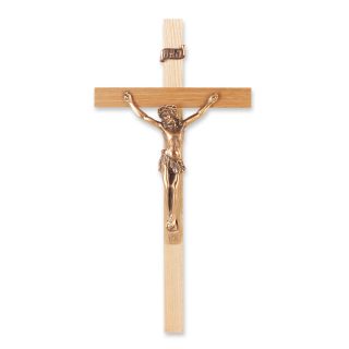 10" Oak Wood Cross with Museum Gold Finish Corpus