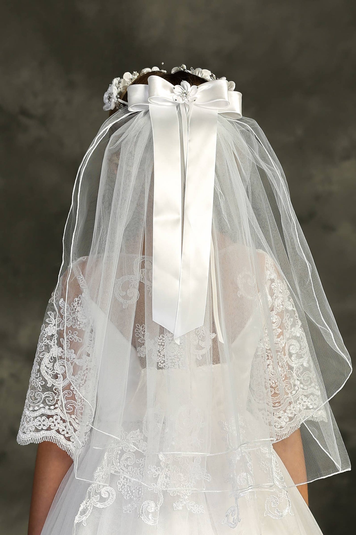 Flower Crown Veil with White Faux Flowers & Rhinestone