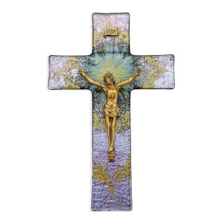10" Purple and Gold Burst Glass Crucifix with Museum Gold Tone Corpus-P65