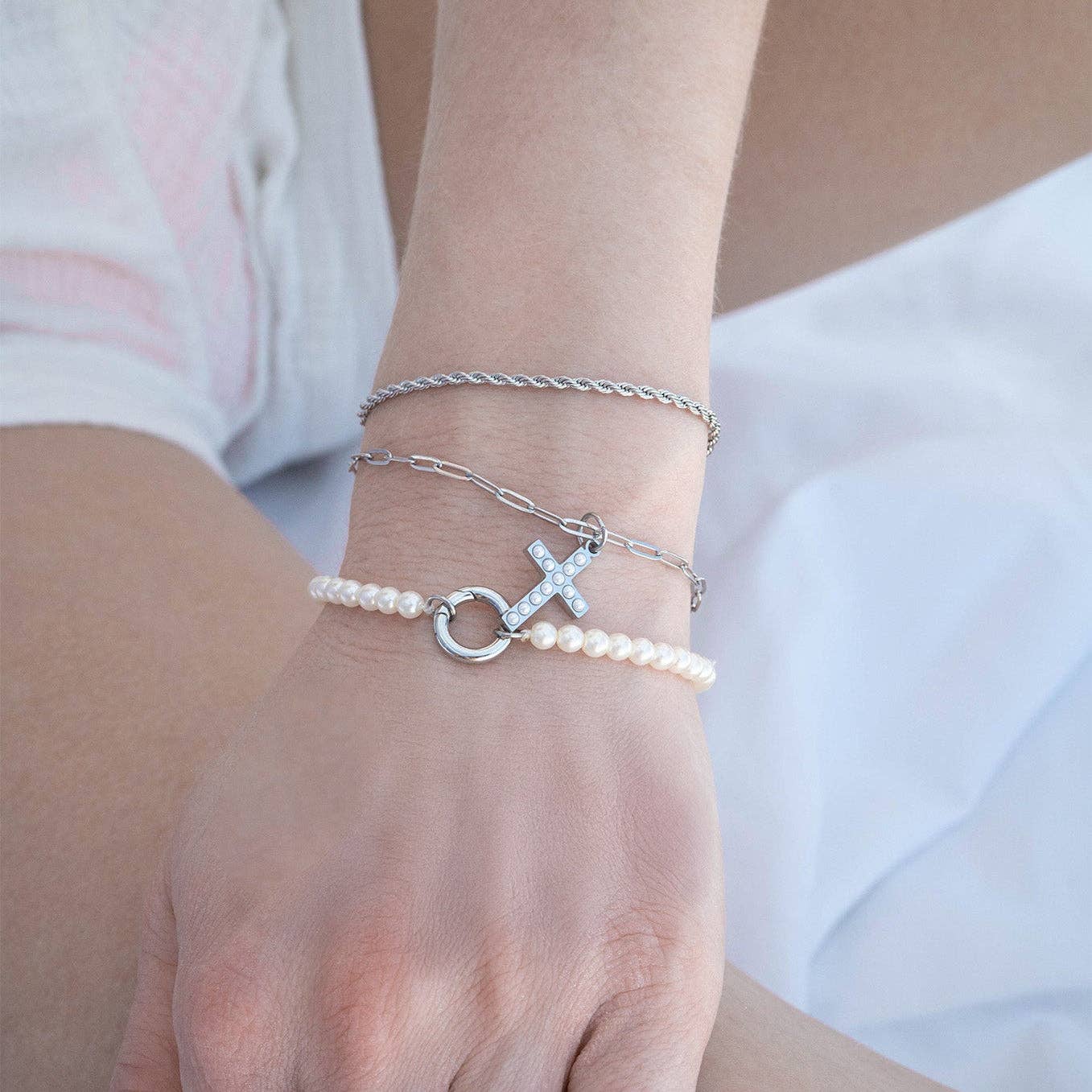 18K Gold PVD Stainless Steel Pearl Beaded Cross Charm