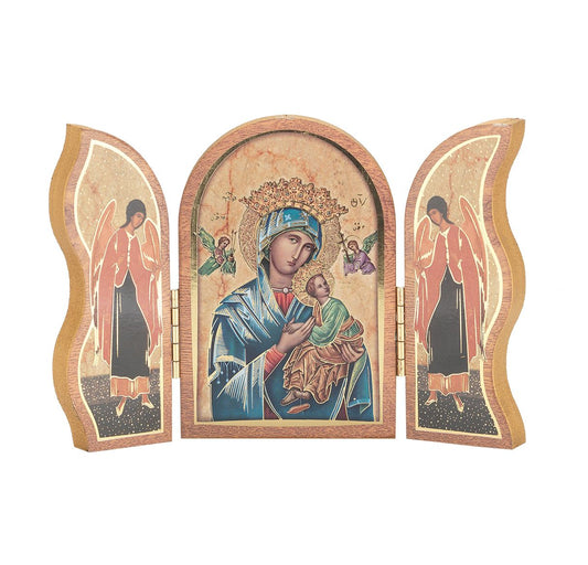 Our Lady of Perpetual Help Standing Natural Wood Triptych