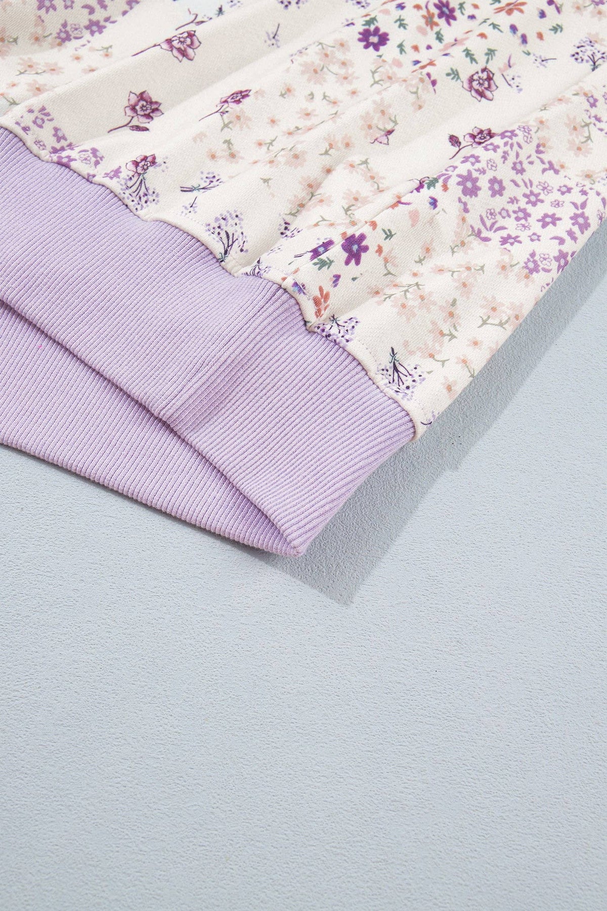 Purple Floral Print High Neck Colorblock Sleeve Paneling Sweatshirt