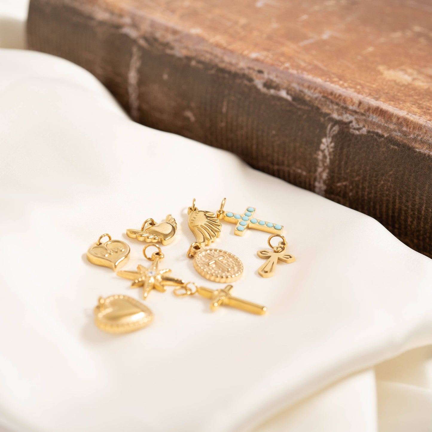 (9pc) 18K Gold PVD Stainless Steel Faith & Love Charm Set