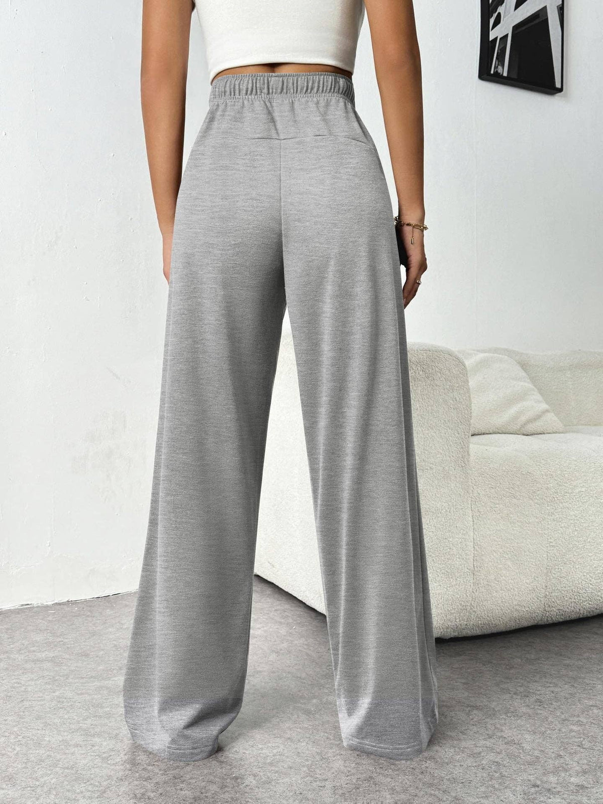 Solid Knit Wide Leg Pants Casual Drawstring Lounge