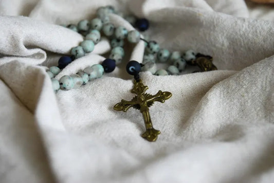 Blue kiwi glass bead rosary