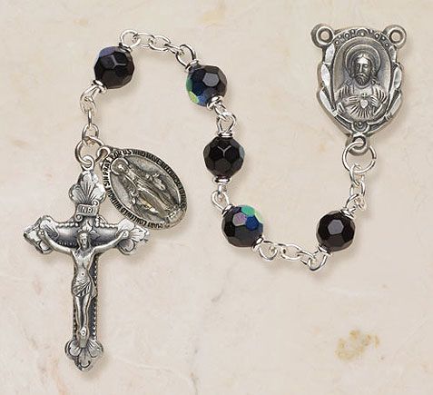 Rosary Black Glass Bead Antique Silver Plate