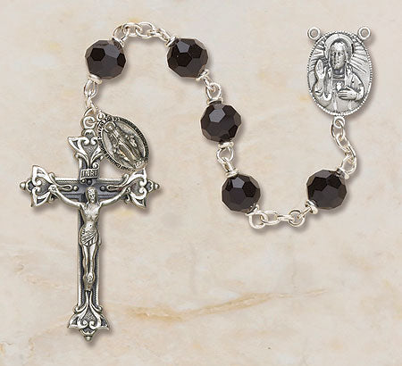 Rosary Antique Silver Plate Jet Black
