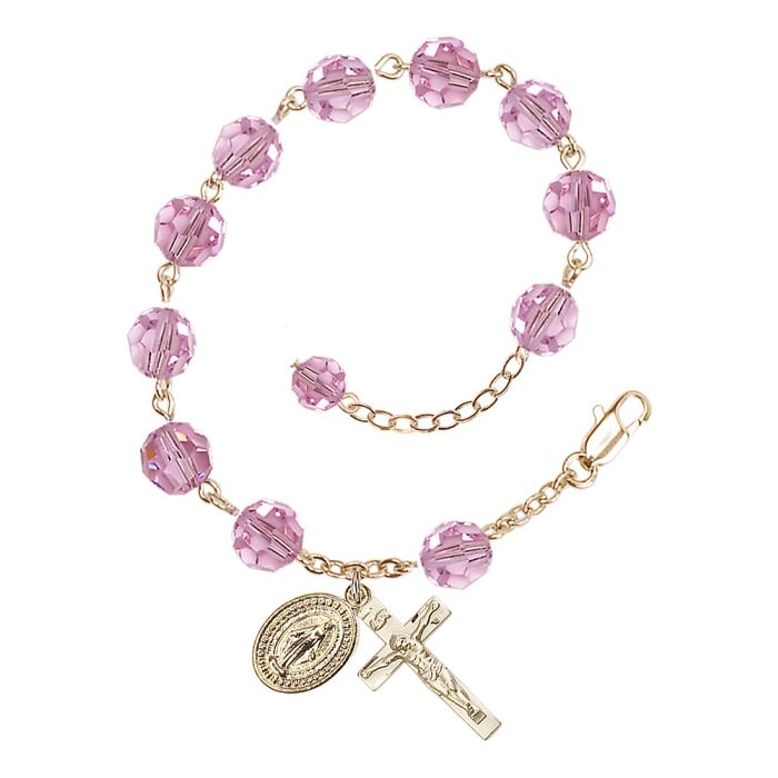Gold Plated 8mm Light Rose Rosary Bracelet
