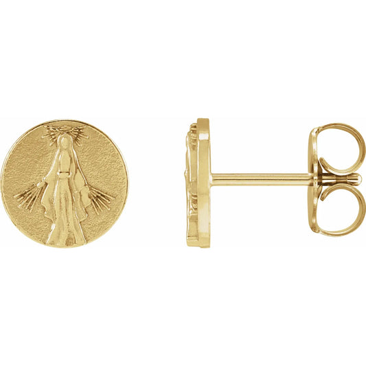 14K Yellow Tiny Miraculous Medal Stud Earrings